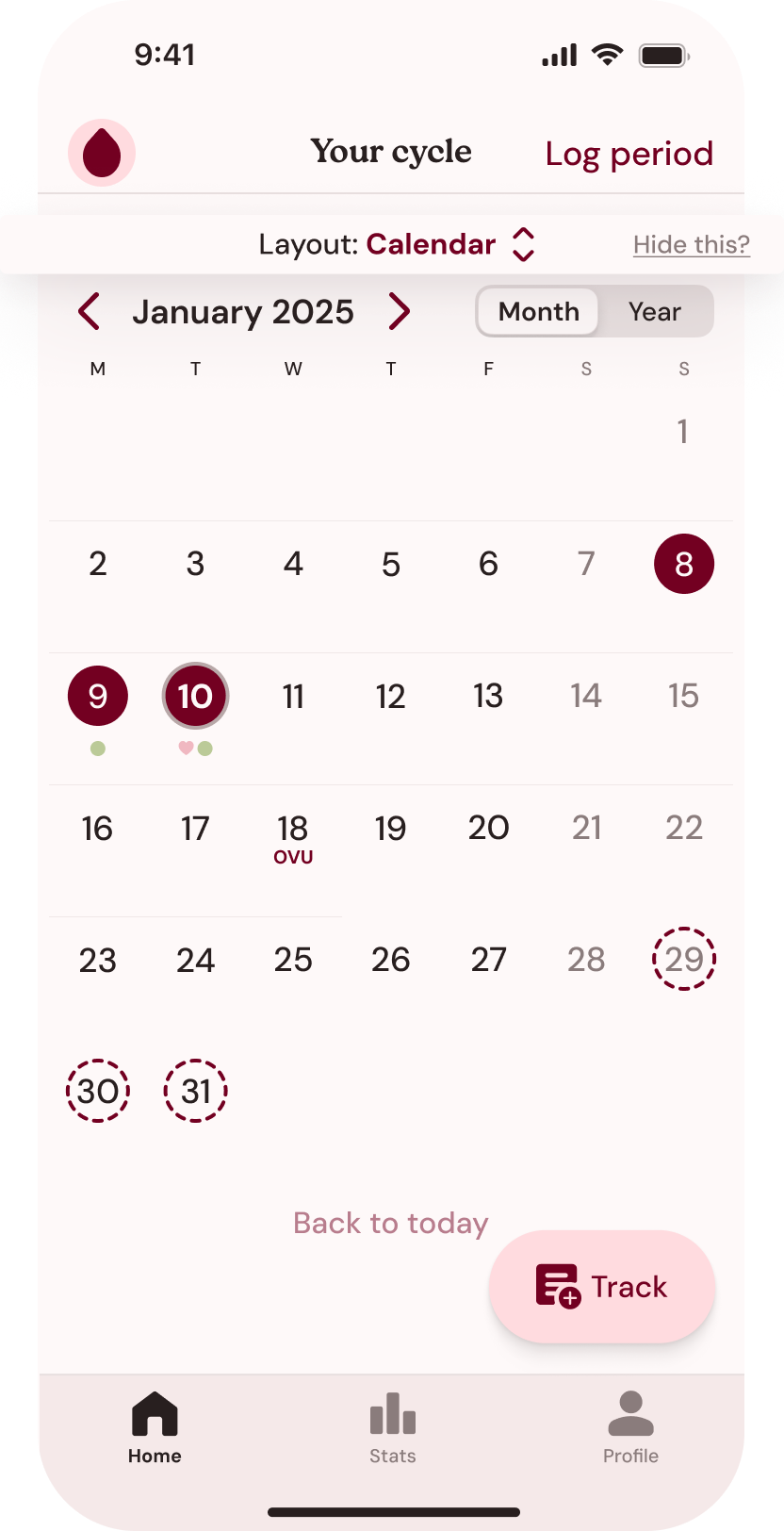Temple app showing Layout Calendar view with monthly calendar